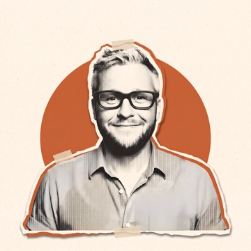 Illustriertes Papercut-Collage-Porträt von Chris Katzer, im Stil des Erklärvideos.