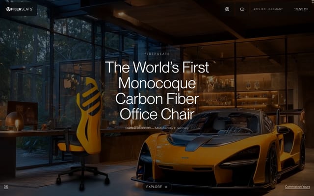 Homepage of fiberseats.de, showing a carbon-fibre office chair beside a yellow sports car.