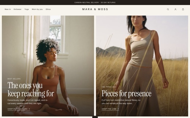 Der Onlineshop eines Yoga-Bekleidungslabels aus unserer Hand, auf einem Desktop-Bildschirm.