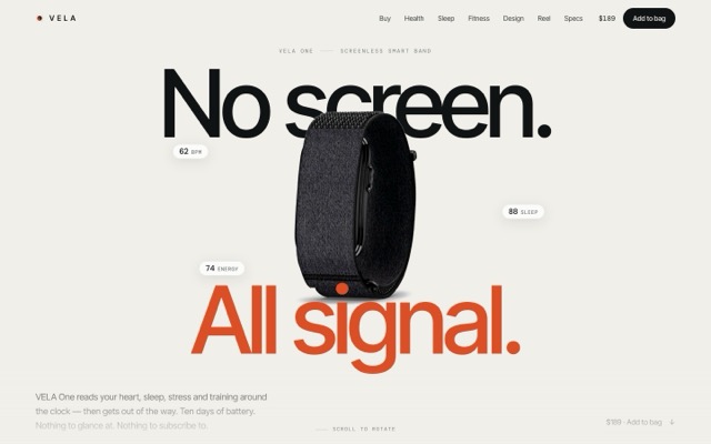 Die Website eines Wearable-Produkts aus unserer Hand, auf einem Desktop-Bildschirm.